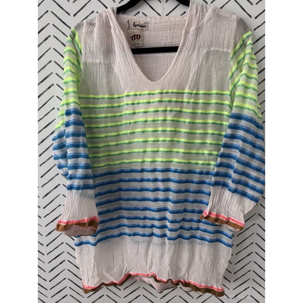LEMLEM Striped V-Neck Gauze Hoodie Tunic Multicolor Cotton‎ Size Medium
